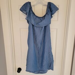 Tommy Bahama Chambray Denim Blue Ruffle Coverup Off Shoulder Dress